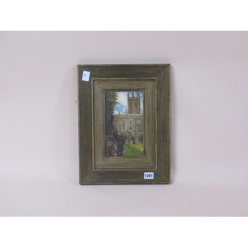 1201 - JOHN FULLEYLOVE - MAGDALEN COLLEGE OXFORD, OIL ON CANVAS, FRAMED, 22CM X 12CM