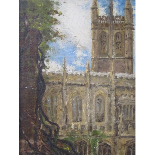 1201 - JOHN FULLEYLOVE - MAGDALEN COLLEGE OXFORD, OIL ON CANVAS, FRAMED, 22CM X 12CM