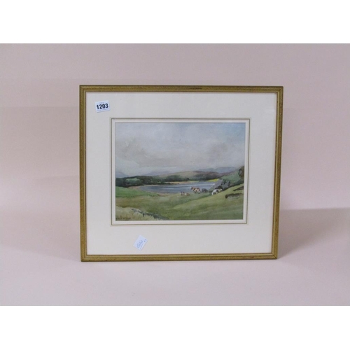 1203 - HERBERT W OAKE 1923 - CATTLE ON HILLSIDE CLOSE TO A LAKE, SIGNED AND DATED WATERCOLOUR, F/G