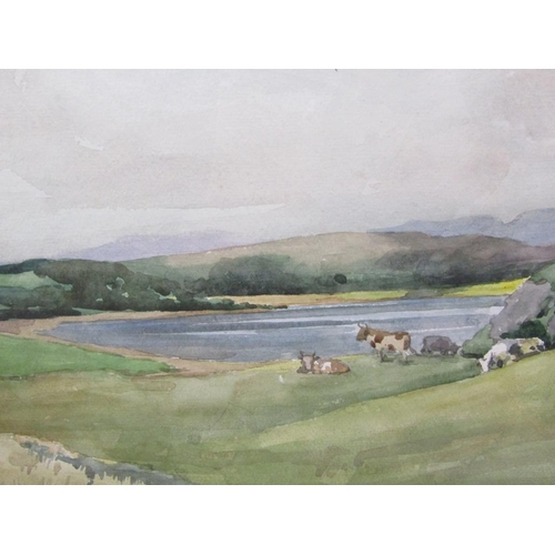 1203 - HERBERT W OAKE 1923 - CATTLE ON HILLSIDE CLOSE TO A LAKE, SIGNED AND DATED WATERCOLOUR, F/G