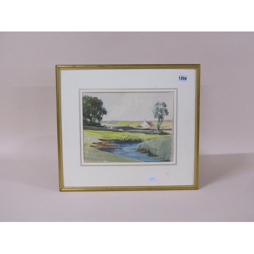 1204 - HERBERT W OAKE - COTTAGE AND STONE BRIDGE WITH WATERWAY IN FOREGROUND, SIGNED WATERCOLOUR, F/G, 30CM... 