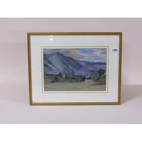 1205 - M WELLS - MOUNTANOUS LANDSCAPE WITH VILLAGE IN FOREGROUND, SIGNED WATERCOLOUR, F/G, 23CM X 33CM