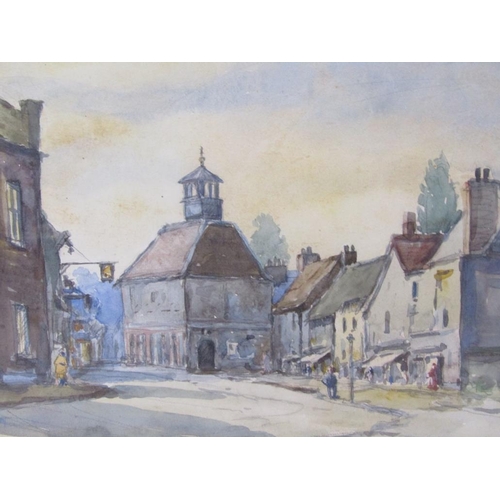 1211 - P.A ALLEN - HIGH STREET OLD AMERSHAM, SIGNED AND TITLED WATERCOLOUR, F/G, 26CM X 34CM