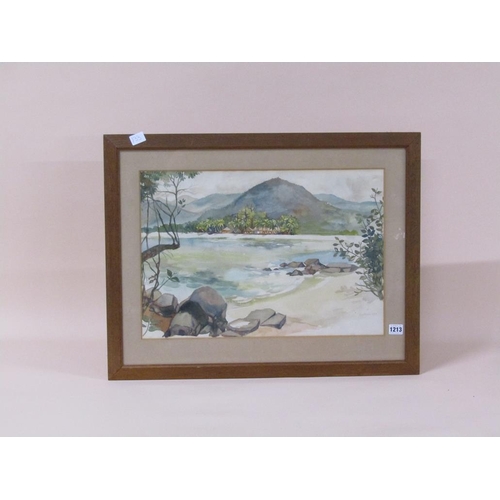 1213 - EVE FISHER 1964 - TROPICAL COASTAL SUBJECT, SIGNED WATERCOLOUR, F/G, 37CM X 50CM