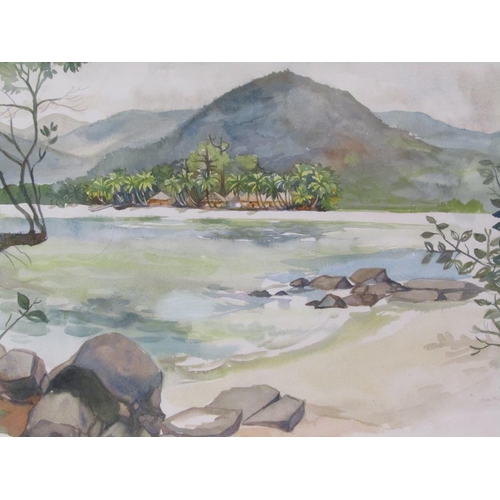 1213 - EVE FISHER 1964 - TROPICAL COASTAL SUBJECT, SIGNED WATERCOLOUR, F/G, 37CM X 50CM