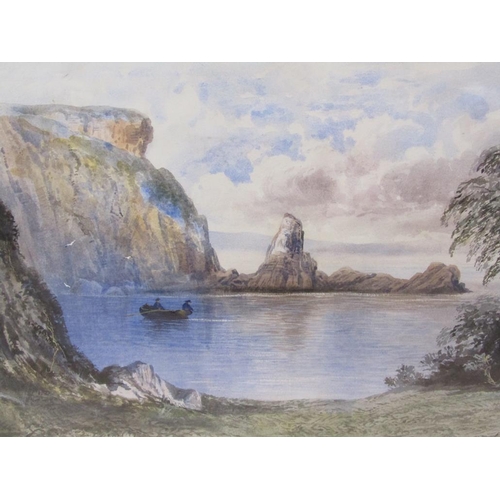 1214 - F WALTERS 88 - TWO FIGURES IN A BOAT IN ROCKY BAY, SIGNED WATERCOLOUR, F/G, 33CM X 50CM