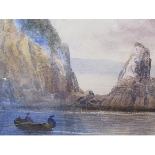 1214 - F WALTERS 88 - TWO FIGURES IN A BOAT IN ROCKY BAY, SIGNED WATERCOLOUR, F/G, 33CM X 50CM