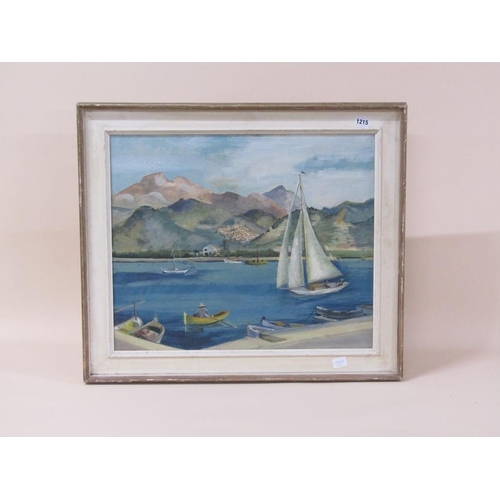 1215 - UNSIGNED - BOATS IN A QUIET TROPICAL BAY, OIL ON CANVAS, FRAMED, 50CM X 60CM