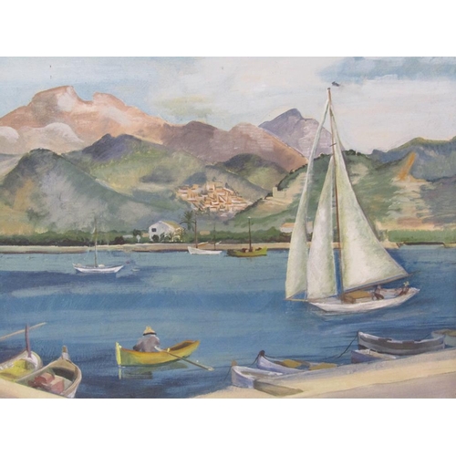 1215 - UNSIGNED - BOATS IN A QUIET TROPICAL BAY, OIL ON CANVAS, FRAMED, 50CM X 60CM