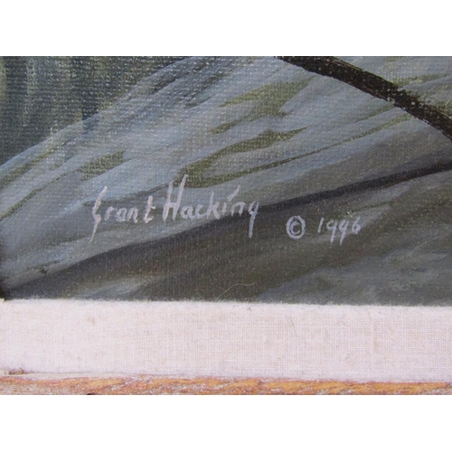 1216 - GRANT HACKING 1946 - SNOWY OWL, OIL ON CANVAS, FRAMED, 50CM X 75CM