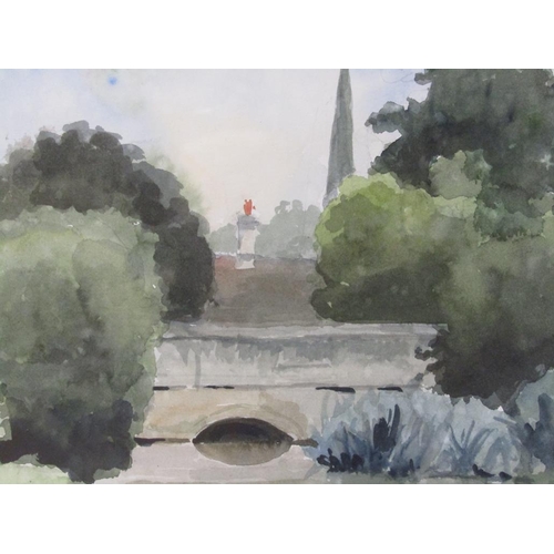 1217 - R. J. DOUBLE 1998 - STONE BRIDGE OVER A RIVER WITH SPIRE BEYOND, SIGNED AND DATED WATERCOLOUR, F/G