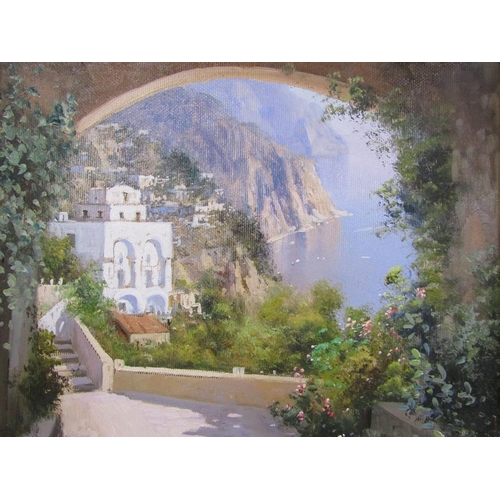 1222 - GUISSEPPE TORELLA - A JUNE DAY NEAR AMALFI, SIGNED OIL ON CANVAS, FRAMED, 29CM X 29CM