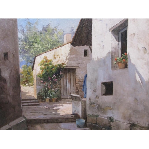 1223 - GUISEPPE TORELLA - THE SHADOWED LANE, FRAMED OIL ON CANVAS, 40CM X 40CM