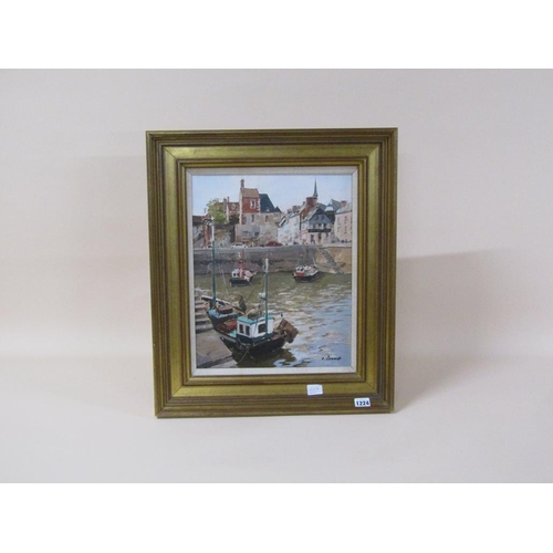 1224 - CLAUDE JOUSSET - BOATS IN THE HARBOUR AT HONFLEUR, OIL ON CANVAS, SIGNED, FRAMED, 46CM X 29CM