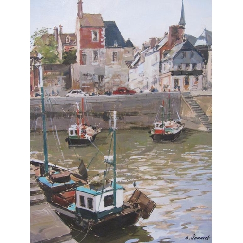 1224 - CLAUDE JOUSSET - BOATS IN THE HARBOUR AT HONFLEUR, OIL ON CANVAS, SIGNED, FRAMED, 46CM X 29CM