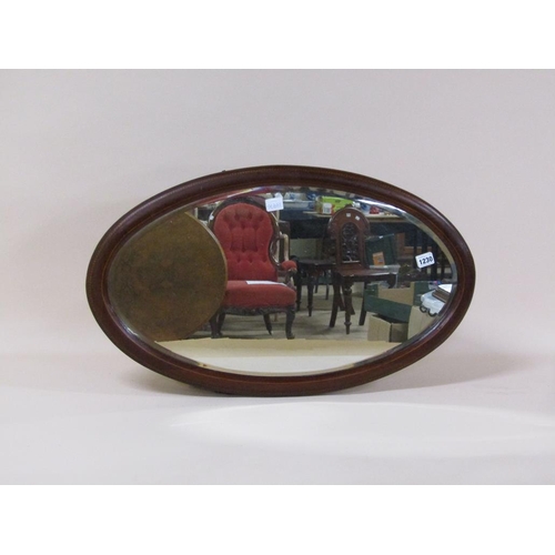 1230 - EDWARDIAN INLAID MAHOGANY OVAL WALL MIRROR, 45CM X 75CM