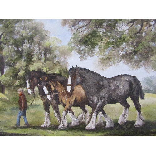 1235 - SIGNED INDISTINCTLY - THREE WORKING HORSES, SIGNED OIL ON BOARD, FRAMED, 31CM X 46CM