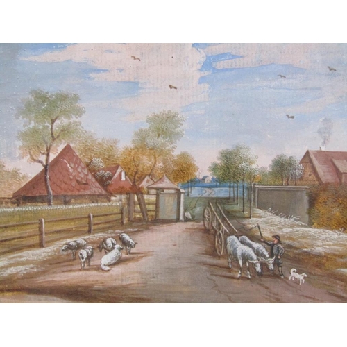 1237 - UNSIGNED - PAIR, TWO MEN IN A BOAT & CATTLE AND SHEEP AT HOMESTEAD ENTRANCE, WATERCOLOURS F/G, 15CM ... 