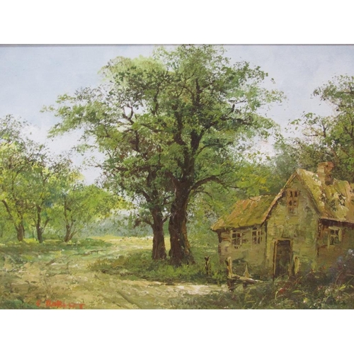 1238 - C ROBERT - COTTAGE IN A WOODLAND SETTING, SIGNED OIL ON BOARD, FRAMED, 30CM X 40CM