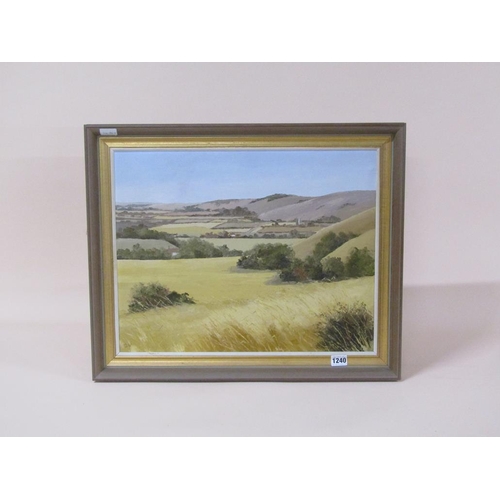 1240 - OLIVE WALKER - CHILTERNS AT HARVEST TIME, SIGNED IN MONO, OIL ON CANVAS, FRAMED,  39CM X 50CM