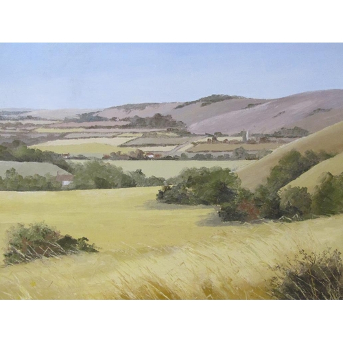 1240 - OLIVE WALKER - CHILTERNS AT HARVEST TIME, SIGNED IN MONO, OIL ON CANVAS, FRAMED,  39CM X 50CM