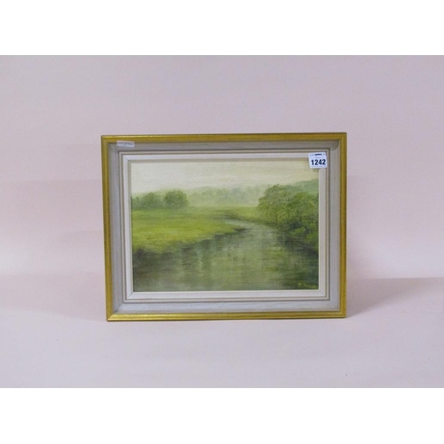 1242 - F ROUSE - QUIET RIVER IN A LANDSCAPE, SIGNED, OIL ON CANVAS ON BOARD, FRAMED, 24CM X 34CM