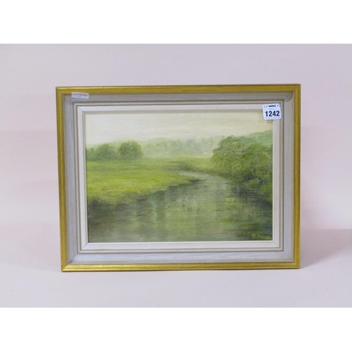 1242 - F ROUSE - QUIET RIVER IN A LANDSCAPE, SIGNED, OIL ON CANVAS ON BOARD, FRAMED, 24CM X 34CM