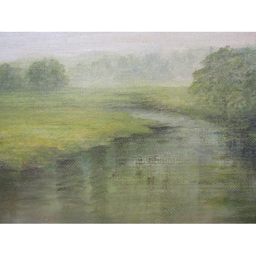 1242 - F ROUSE - QUIET RIVER IN A LANDSCAPE, SIGNED, OIL ON CANVAS ON BOARD, FRAMED, 24CM X 34CM