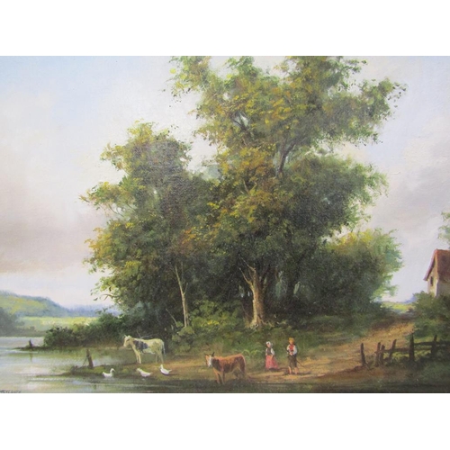 1251 - M JEFFRIES - PAIR, TWO FIGURES AND CATTLE AT A RIVER CROSSING & COTTAGE IN LANDSCAPE, SIGNED OIL ON ... 