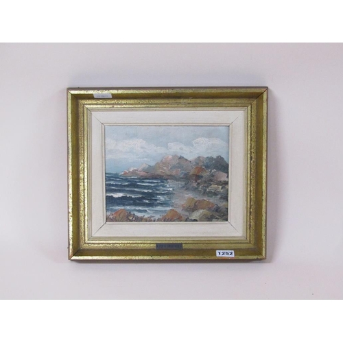 1252 - SIGNED INDISTINCTLY - G LINDSTROM, ROCKY COASTAL SETTING, OIL ON BOARD, FRAMED, 17CM X 22CM