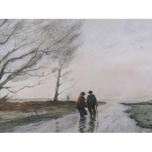 1253 - SIGNED INDISTINCTLY - TWO FIGURES ON A WINDY ROADWAY, COLOURED PRINT, F/G, 24CM X 33CM