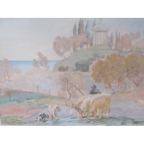 1255 - SIGNED IN MONO - PAIR, ITALIAN SUBJECTS, TEMPLE ON A HILL & SHEPHERD CLOSE TO LAKE, F/G, 29CM X 35CM