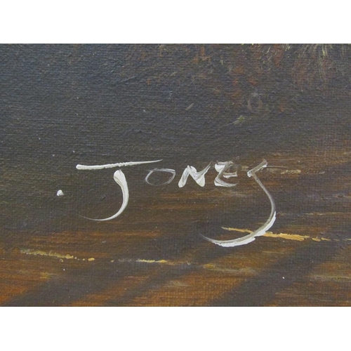 1256 - JONES - WOODEN ROADWAY, SIGNED OIL ON BOARD, FRAMED, 59CM X 50CM