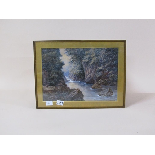 1267 - UNSIGNED - RIVER GORGE, WATERCOLOUR, F/G, 26CM X 34CM