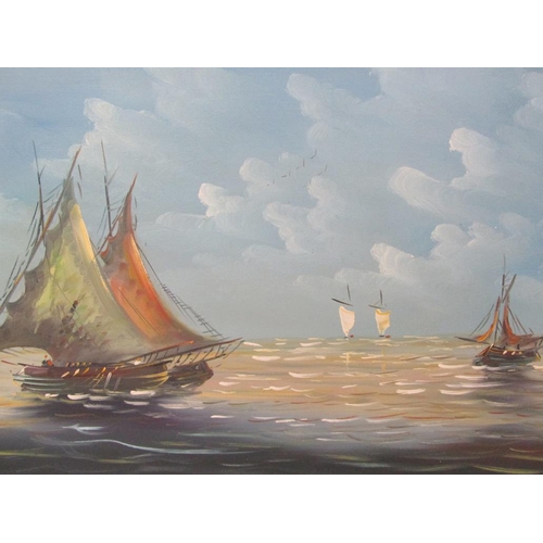 1274 - SIGNED INDISTINCTLY - ORIENTAL FISHING BOATS, SIGNED OIL ON CANVAS, FRAMED, 38CM X 78CM