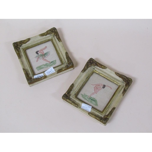 1281 - PAIR OF FRAMED NEEDLEWORK PICTURES - NUDE FEMALE & DANCING FIGURES, EACH 11CM X 9CM