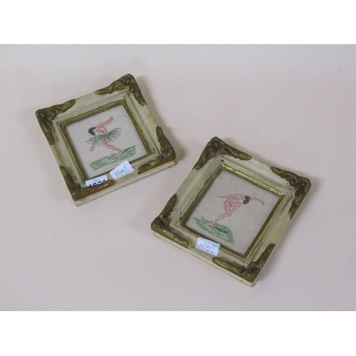 1281 - PAIR OF FRAMED NEEDLEWORK PICTURES - NUDE FEMALE & DANCING FIGURES, EACH 11CM X 9CM