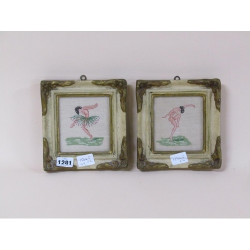 1281 - PAIR OF FRAMED NEEDLEWORK PICTURES - NUDE FEMALE & DANCING FIGURES, EACH 11CM X 9CM