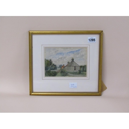 1285 - J MOORE 1918 - NORTHERN COTTAGES, SIGNED WATERCOLOUR, FRAMED, 12CM X 16CM