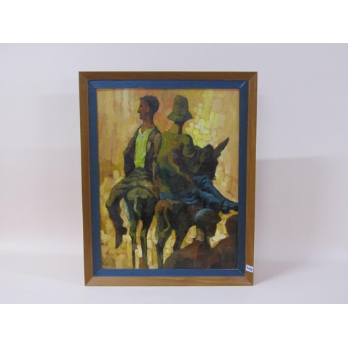 1293 - C. KIDDERSQ - TWO FIGURES RIDING DONKEYS, SIGNED OIL ON BOARD, FRAMED, 67CM X 51CM