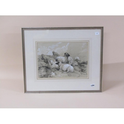 1294 - IN THE STYLE OF THOMAS COOPER - SHEEP ON A HILLOCK, B&W ENGRAVING, FRAMED, 28CM X 38CM