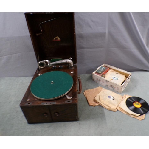 1349 - EARLY 20c OAK CASED GRAMAPHONE WITH RECORDS, NEEDLES ETC