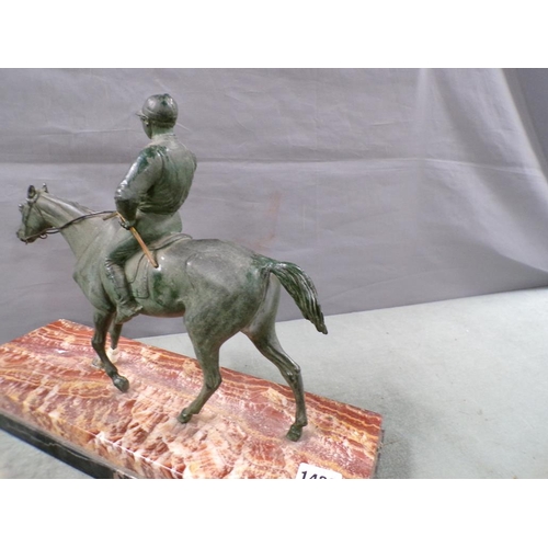 1420 - GREEN PATINATED METAL FIGURE OF HORSE AND RIDER ON MARBLE BASE, HORSE 32CM W