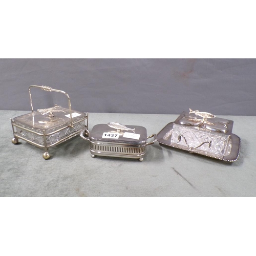 1437 - THREE SILVER PLATED SARDINE DISHES