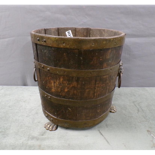 1438 - OAK COOPERED FUEL BUCKET WITH LION RING PULL HANDLES