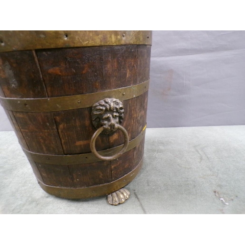 1438 - OAK COOPERED FUEL BUCKET WITH LION RING PULL HANDLES