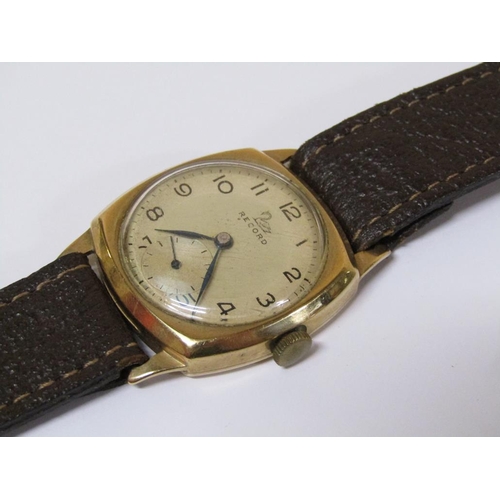 1503 - 9ct GOLD RECORD GENTS WATCH ON BROWN LEATHER STRAP