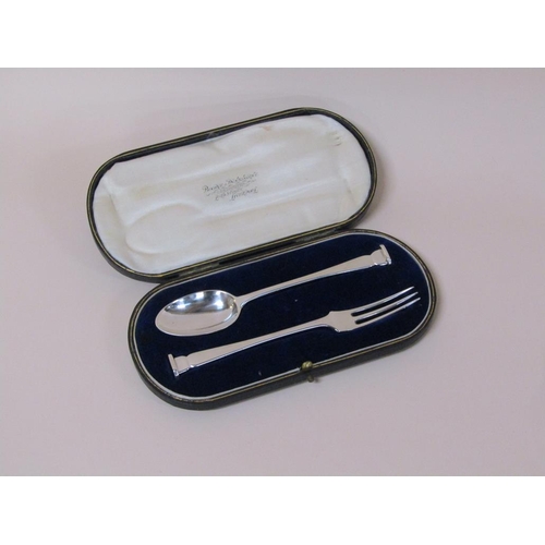 1513 - BOXED SILVER CHRISTENING SPOON AND FORK, MAKERS MARK FOR HOLLAND ALDWINKLE AND SLATER, LONDON 1919