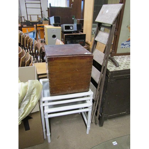 670 - WOODEN TRUNK, TABLES, FOLDING LADDER