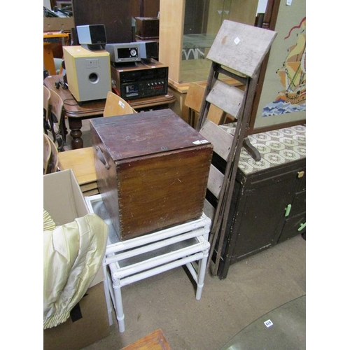 670 - WOODEN TRUNK, TABLES, FOLDING LADDER